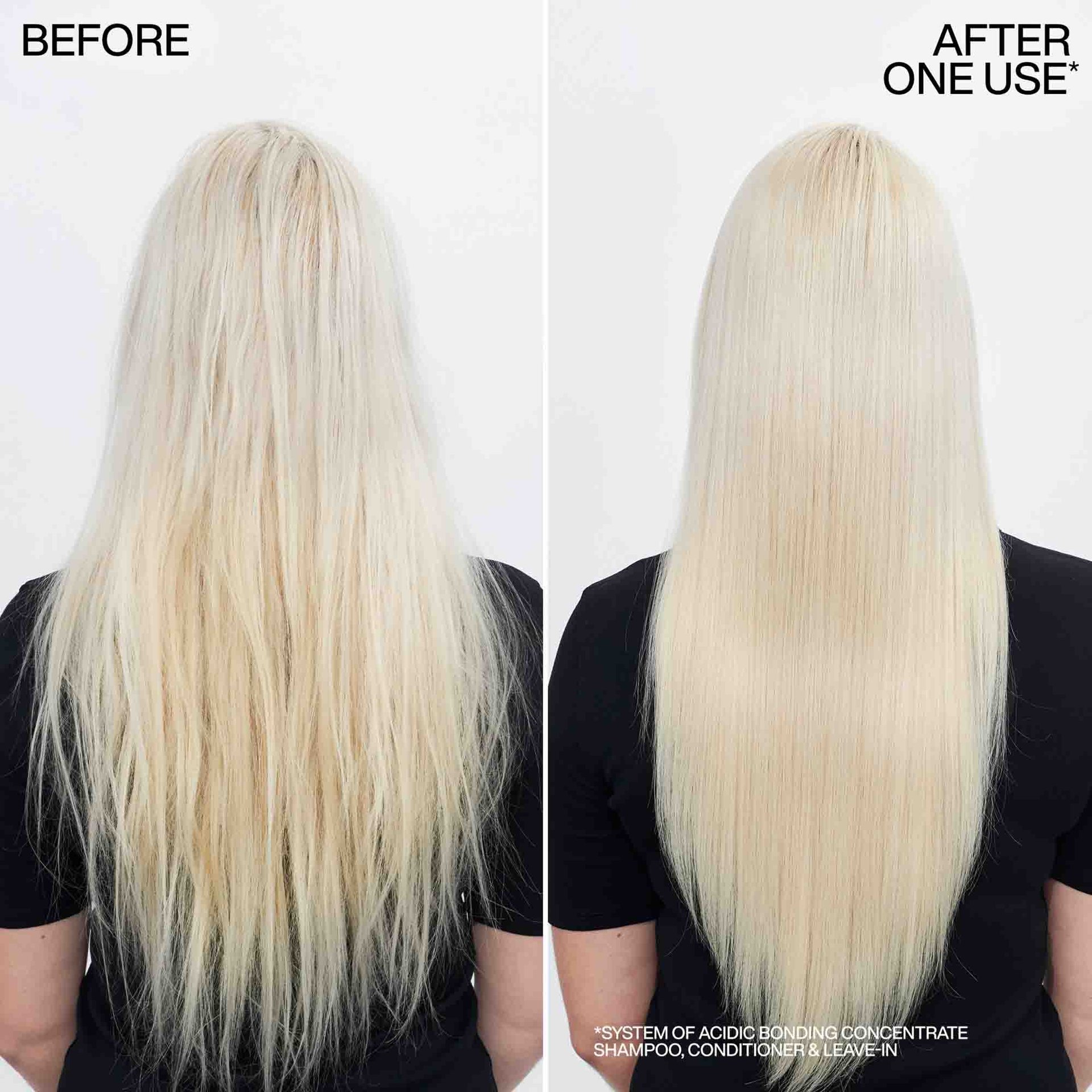 Before and after results showing blonde hair transformed from frizzy to smooth after one use of Redken Acidic Bonding Concentrate shampoo system