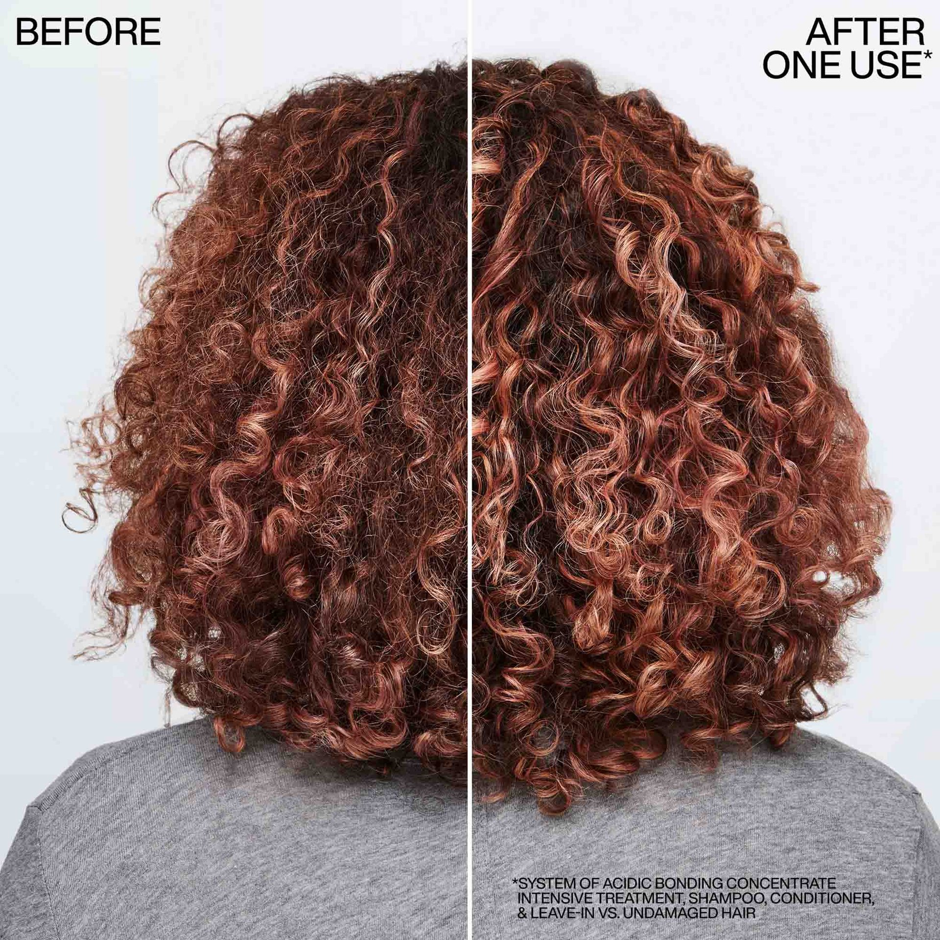 Before and after curly red hair showing improved definition, visible hydration and reduced frizz after one use of Acidic Bonding Concentrate system
