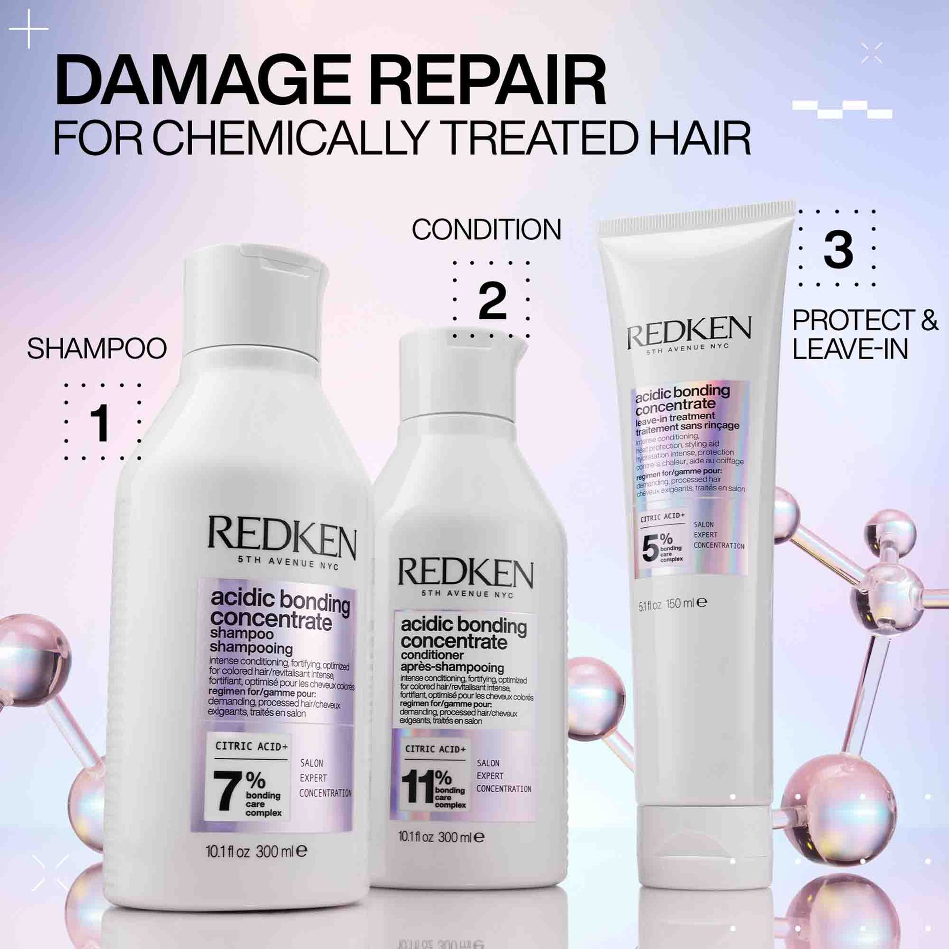 Redken's 3-step damage repair routine for chemically treated hair: Redken ABC shampoo with 7% bonding care complex, conditioner with 11% complex, and leave-in treatment with 5% complex